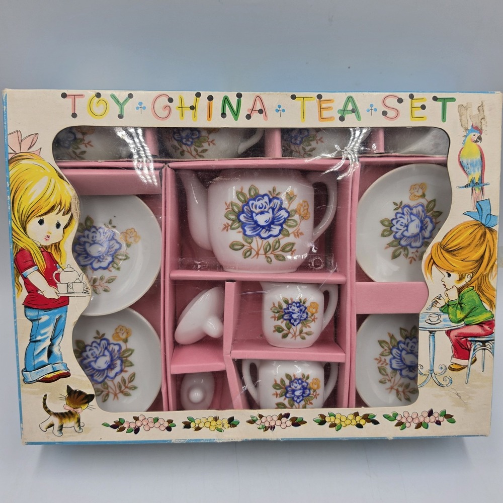 VTG Child Toy China Tea Set Orig. Box Blue Floral Porcelain Miniature Japan MCM